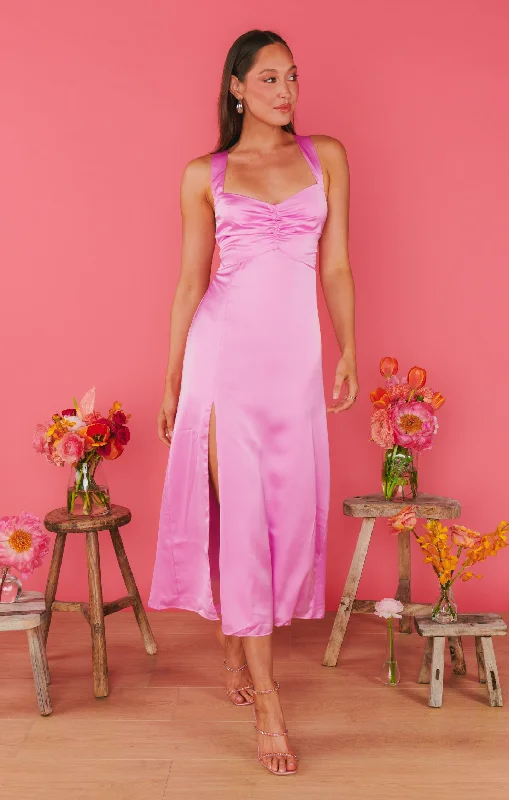 Elegant dresses for family gatherings -Mina Midi Dress ~ Purple Pink Luxe Satin