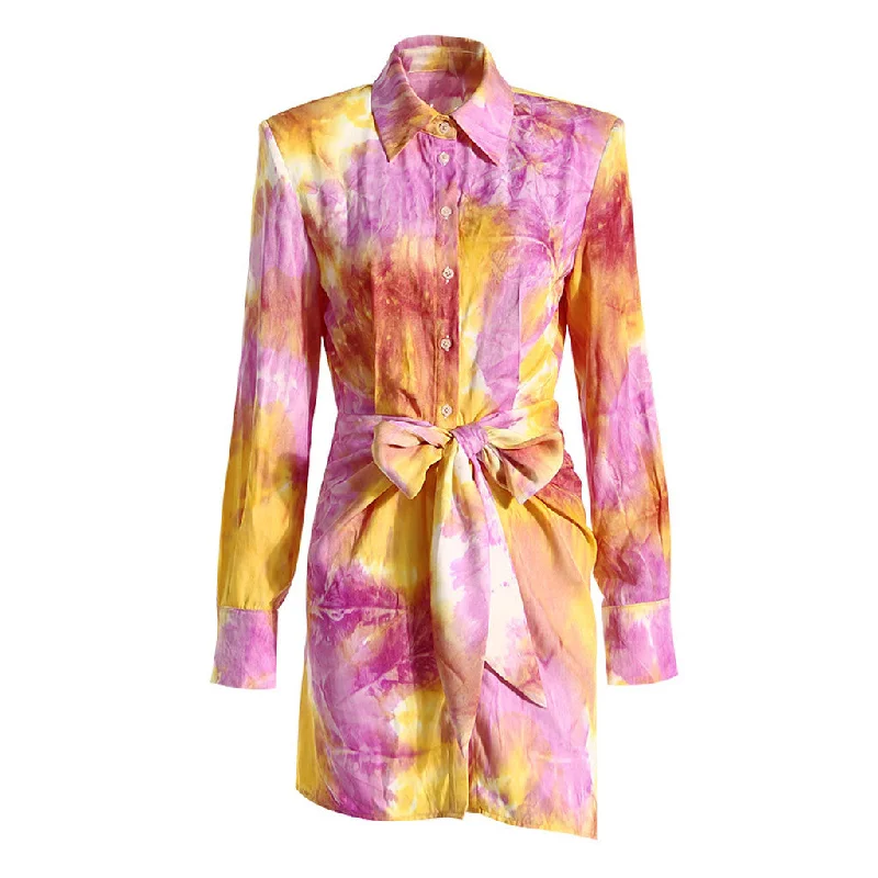 Party dresses with sequins -Multicolor Tie Dye Print Collared Long Sleeve Tie Front Button Up Mini Shirt Dress