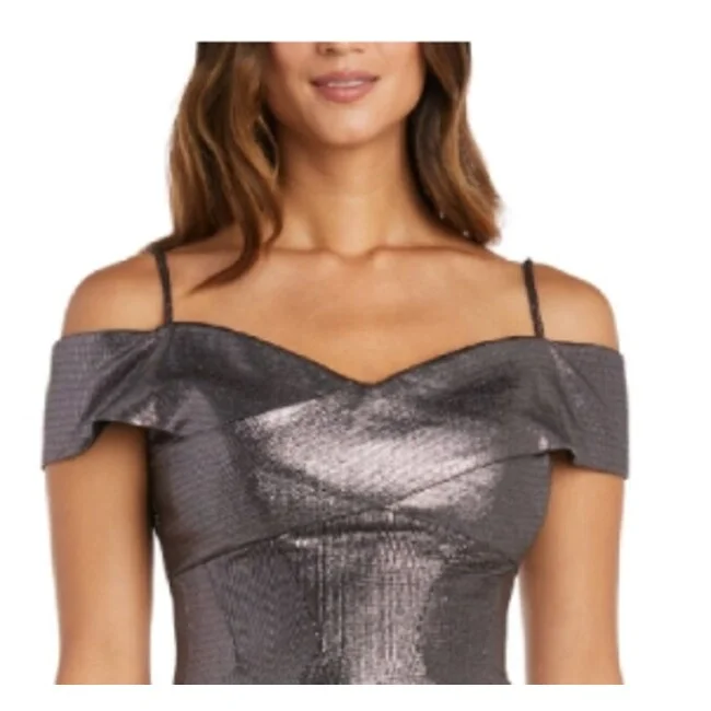 Dresses for bridal showers -Nightway Women's Metallic Off The Shoulder Gown Gray Size 22W