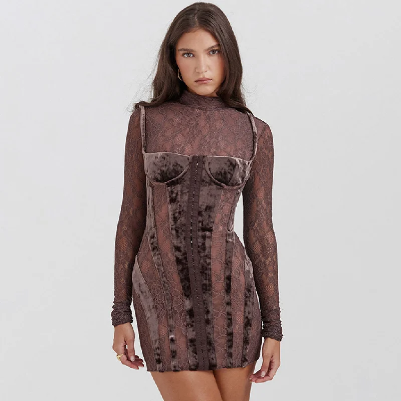 Dresses with geometric patterns -Nostalgic High Neck Long Sleeve Velvet Panel Sheer Lace Corset Mini Dress