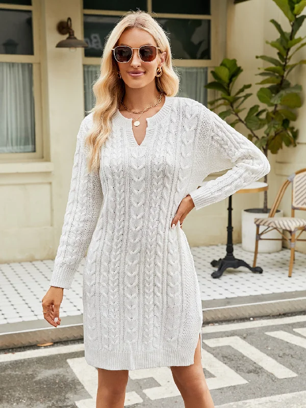 Soft and elegant dresses -Notched Neck Cable-Knit Slit Sweater Dress