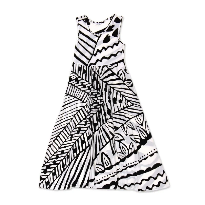 Casual floral dresses -NOVICA Black and White Jungle Rayon A-line dress