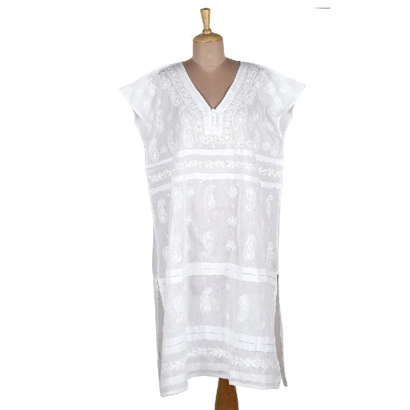 Sleeveless cocktail dresses -NOVICA Embroidered cotton shift dress Paisley Garden in White