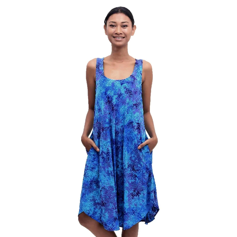 Dresses with geometric patterns -Novica Handmade Leafy Blue Groove Batik Rayon Dress