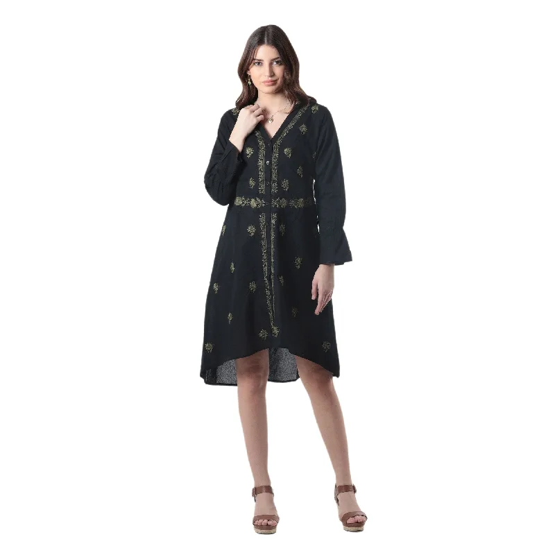 Casual weekend dresses -Novica Handmade Lucknow Bouquet Embroidered Cotton Shirtdress