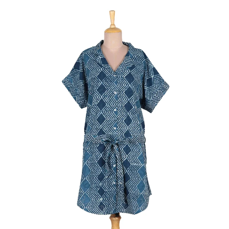 Bohemian evening dresses -NOVICA Indigo Zigzags Block-printed cotton shirtdress