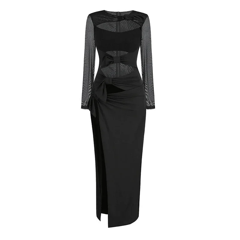 Formal dresses with train -Offbeat Bow Knot Crew Neck Sheer Long Sleeve High Split Cutout Maxi Dress