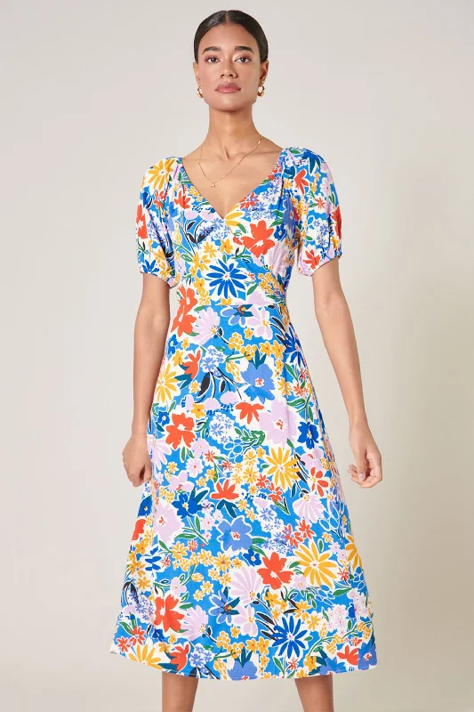 Casual work dresses -Ojai Floral Agave Puff Sleeve Midi Dress