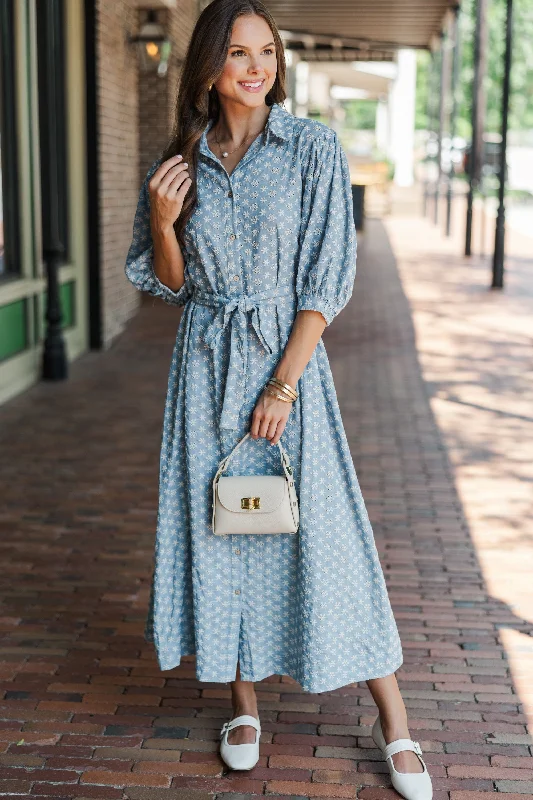 Little white dresses -On The Move Light Blue Eyelet Denim Midi Dress