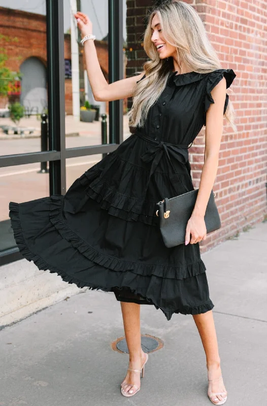 Dresses for a day at the park -On The Verge Black Ruffled Midi Dress