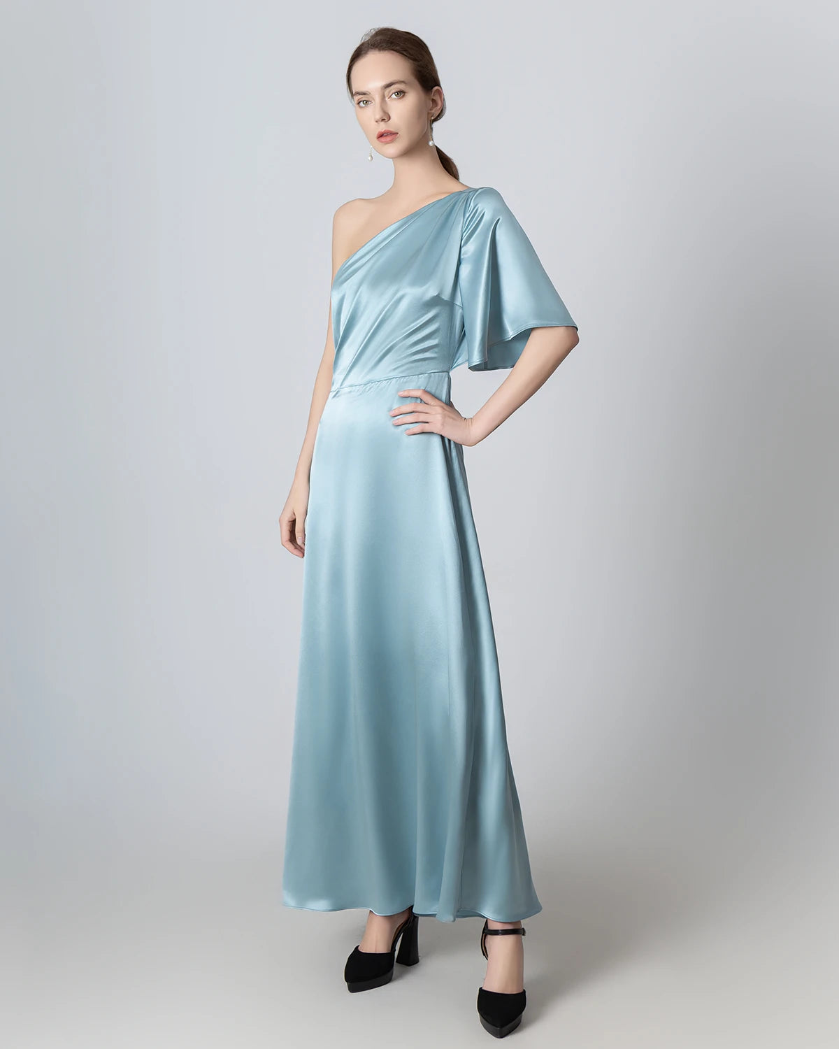 Sleeveless dresses for women -One Shoulder Tie Back Maxi Silk Dress