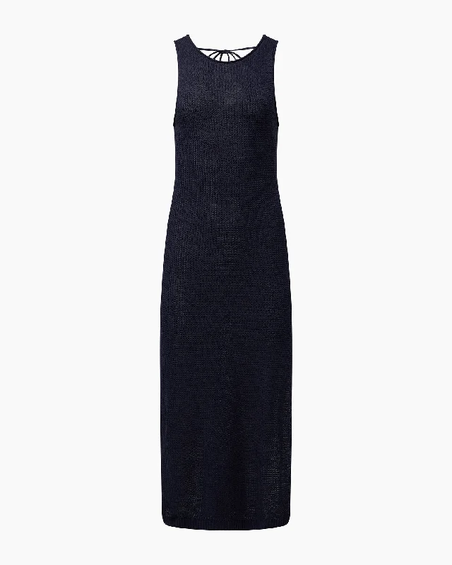 Dresses with pleated fabric details -Linen Knit Scoop Back Maxi Dress | Deep Navy