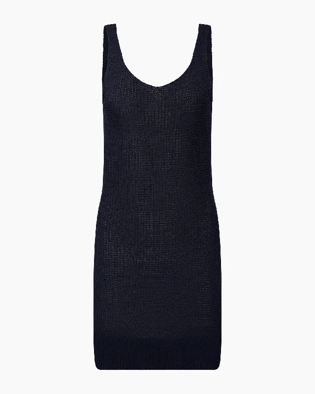 Evening dresses with jeweled accents -Linen Knit V-Neck Mini Dress | Deep Navy