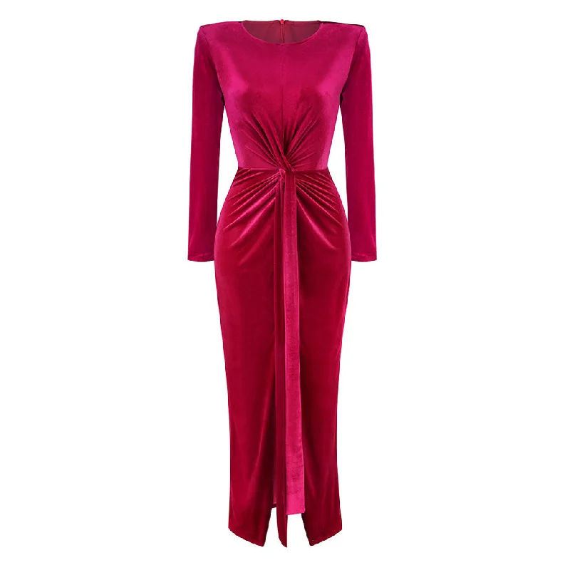 Short formal dresses -Opulent Crew Neck Shoulder Pad Long Sleeve Split Front Draped Velvet Maxi Evening Dress