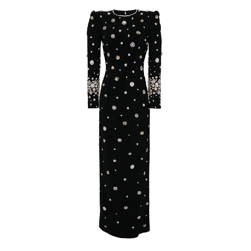 Fancy cocktail dresses -Opulent Faux Pearl Rhinestone Crew Neck Long Sleeve Crepe Maxi Evening Dress