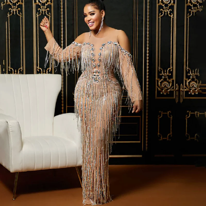 Wedding dresses for church ceremonies -Opulent Gatsby Cold Shoulder Diamante Layered Fringe Sheer Mesh Maxi Evening Dress