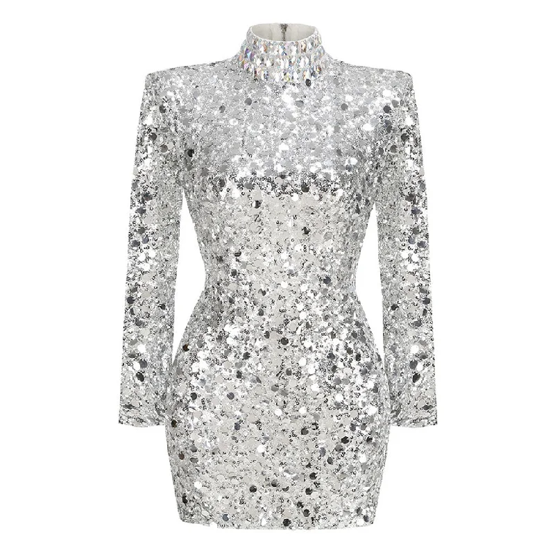 Casual dress with pockets -Opulent Rhinestone High Neck Long Sleeve Embellished Sequin Mini Dress