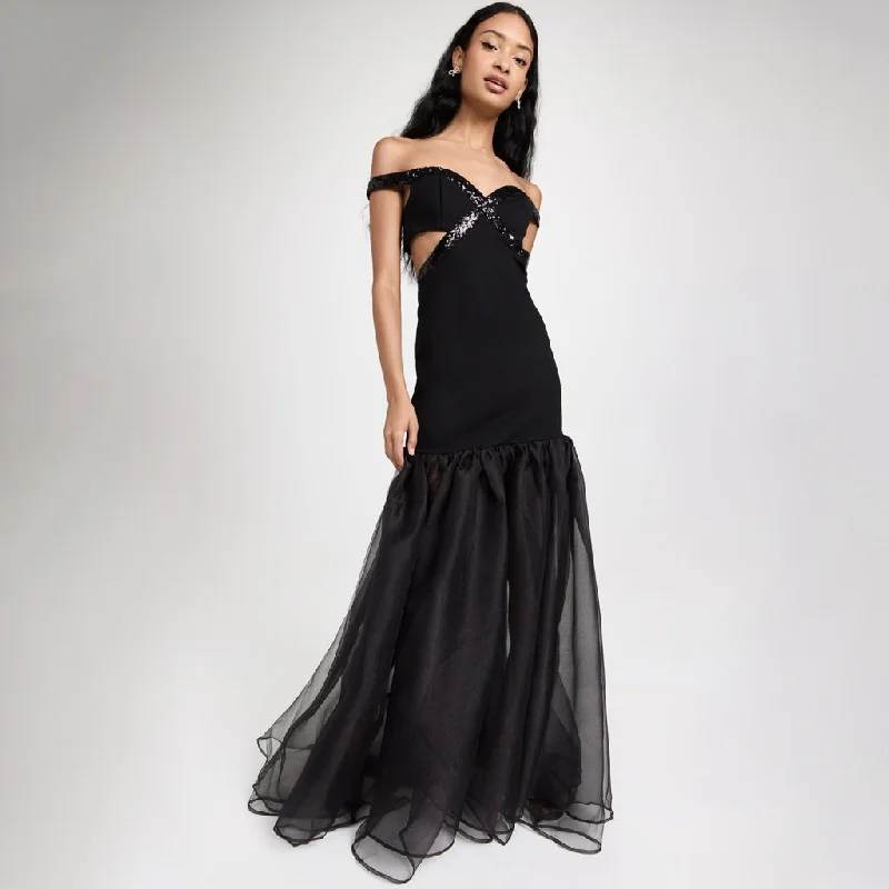 Elegant dresses for weddings -Opulent Sequin Off Shoulder Cutout Bandage Hybrid Fishtail Maxi Formal Dress