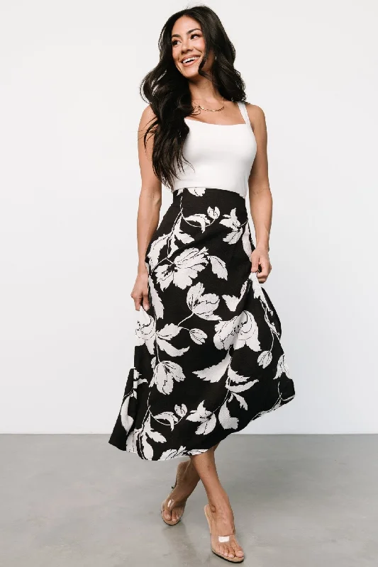 Casual weekend dresses -Osaka Midi Skirt | Black + White Floral