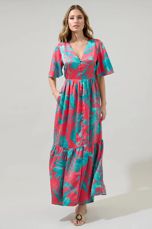 Tiered dresses for women -Palm Tropics Pismo Button Down Flutter Maxi Dress