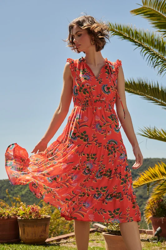 Dresses for travel and vacations -Papaya Floral Pisces Smocked Midi Dress