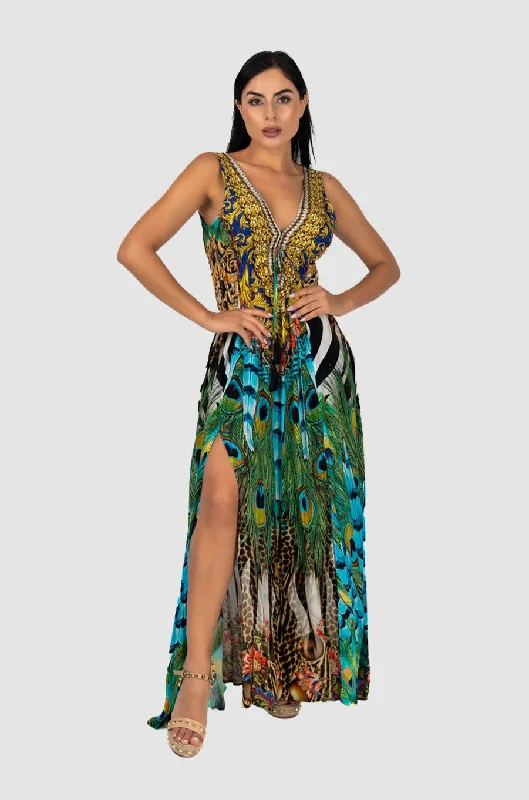 Dresses for theme parties -Peacock Glory Slit Maxi Dress