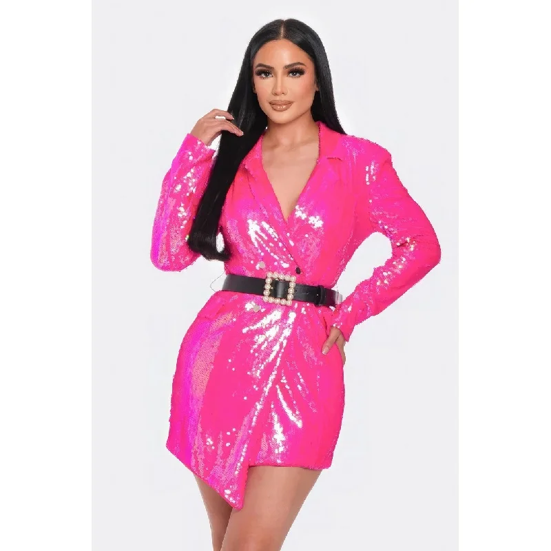 Casual dresses for daily wear -Pearl Belted Sequin Blazer Mini Dress