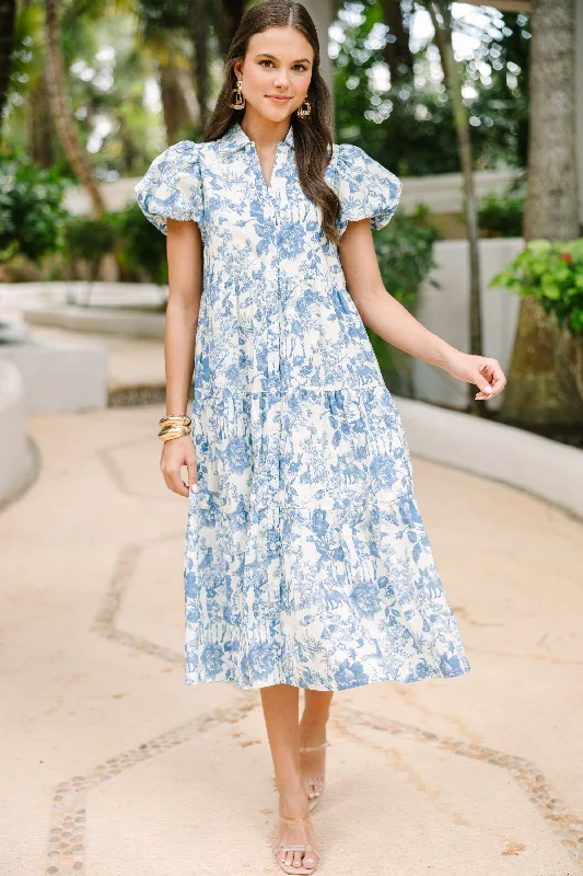 Summer dresses with lace -Perfect For You Blue Toile Button Down Midi Dress