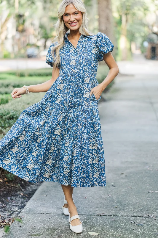 Casual chic maxi dresses -Perfect For You Navy Paisley Button Down Midi Dress