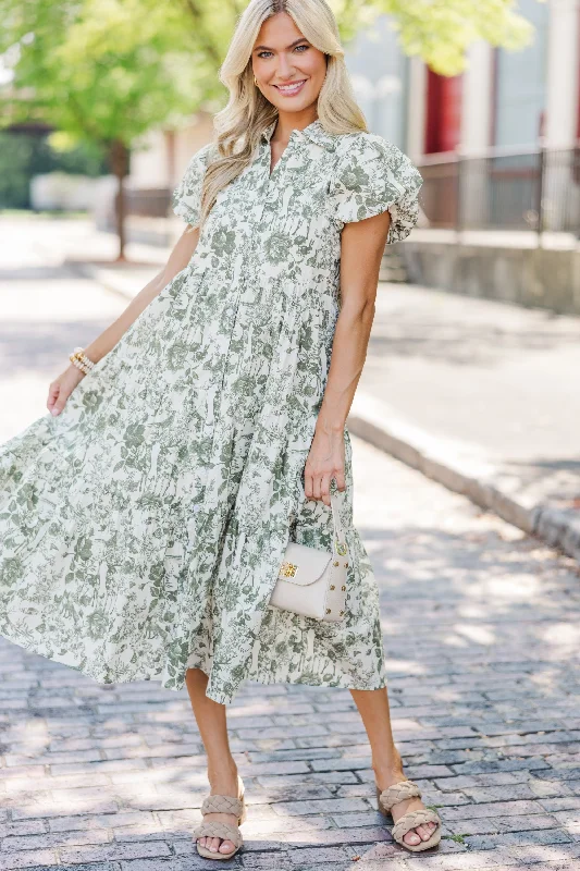 Party dresses with lace -Perfect For You Olive Green Toile Button Down Midi Dress