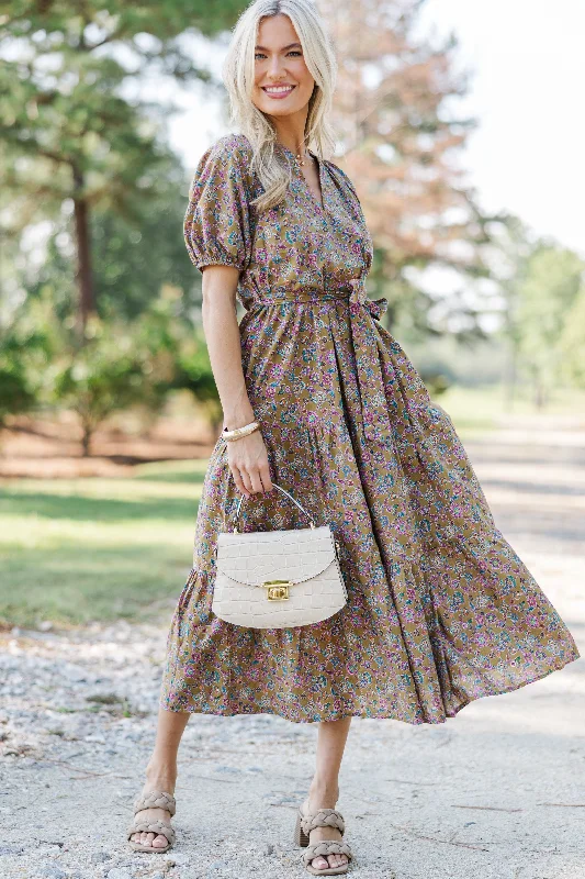 Elegant beach dresses -Pinch: I Knew You Well Camel Brown Floral Midi Dress