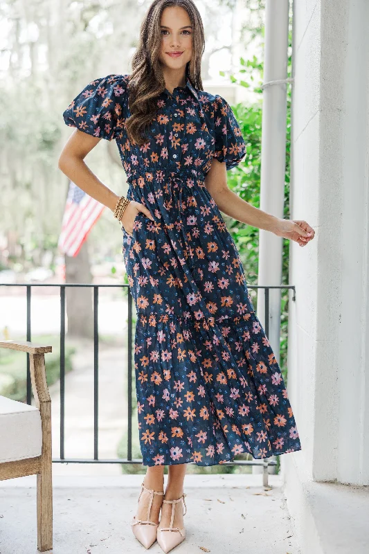 Off the shoulder evening dresses -Pinch: Looking Your Way Navy Blue Floral Midi Dress