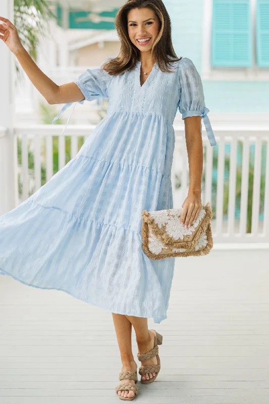 Vintage dresses for women -Pinch: Take The Compliment Light Blue Gingham Midi Dress