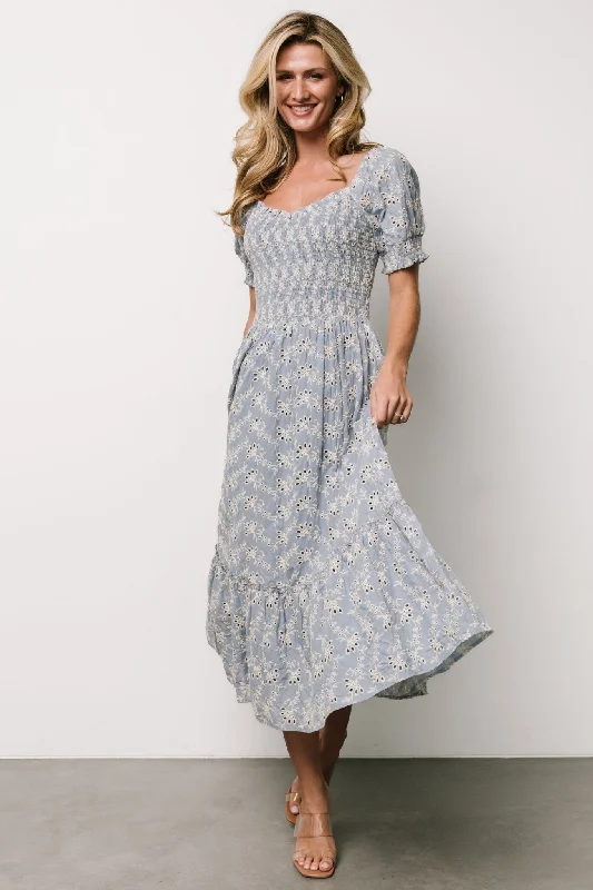 Dresses for classy dinner parties -Piper Eyelet Midi Dress | Blue + Ivory