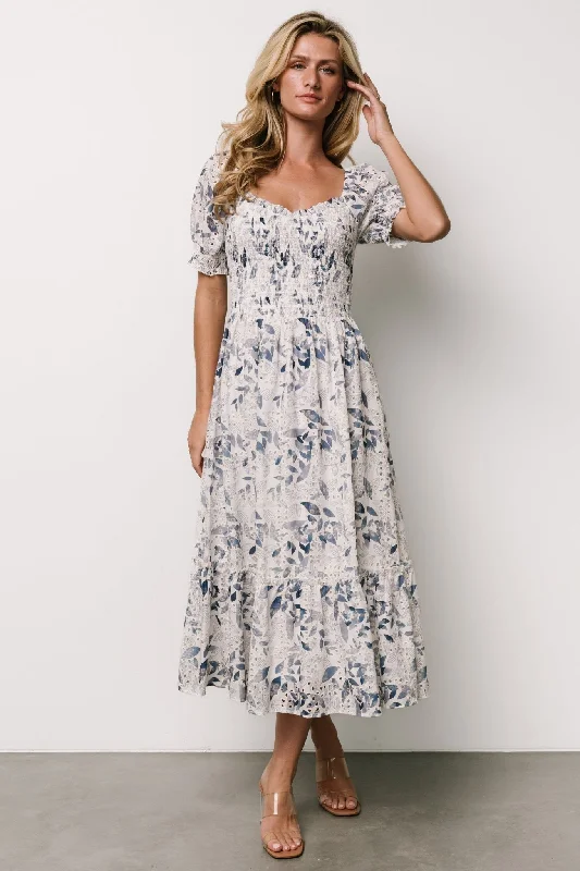 Comfortable dresses for weekends -Piper Eyelet Midi Dress | Off White + Blue Floral