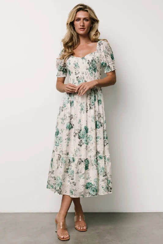 Dresses for holiday get-togethers -Piper Eyelet Midi Dress | Off White + Green Floral