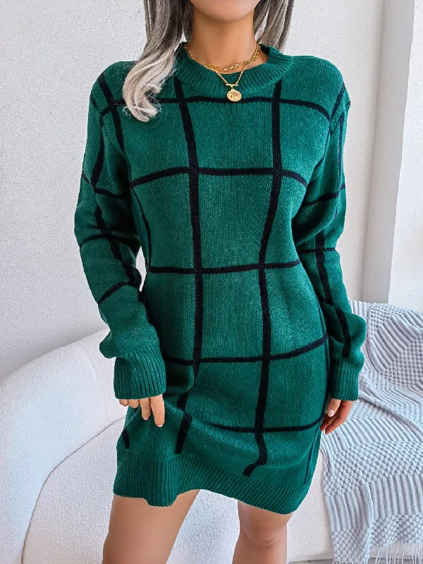 Lightweight dress for summer outings -Plaid Round Neck Dropped Shoulder Sweater Dress