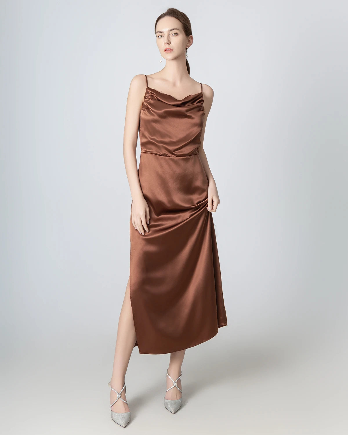 Casual dresses for women -Pleated Cowl Neck Slit Maxi Silk Dress