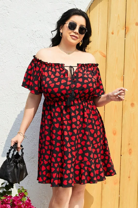 Dresses for family celebrations -Plus Size Heart Print Off-Shoulder Tied Dress