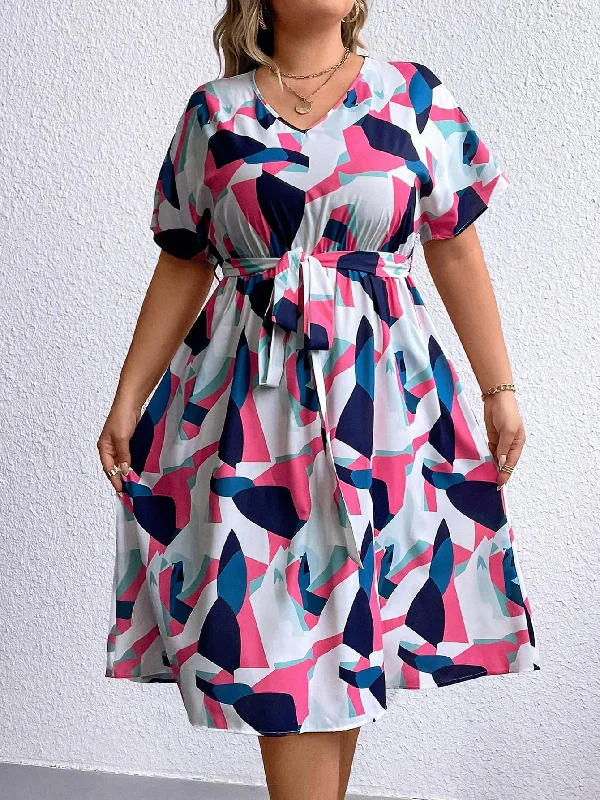 Dresses with ribbon details -Plus Size Multicolored V-Neck Tie Waist Dress