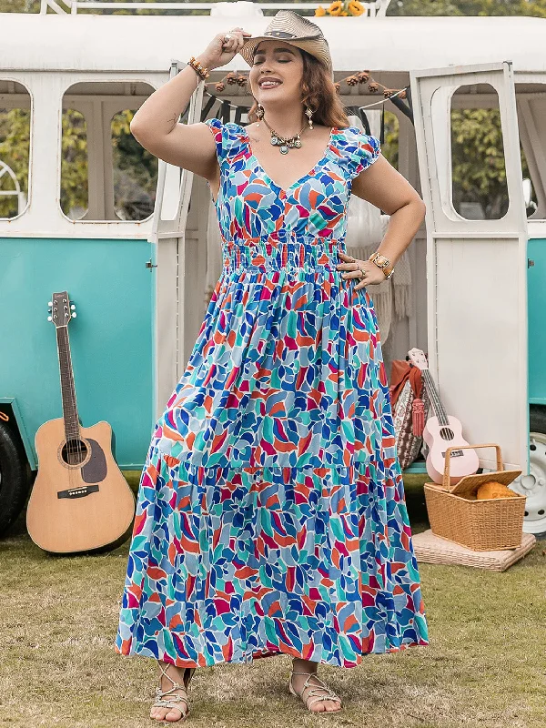 Dresses with silk fabric -Plus Size Printed Cap Sleeve Dress