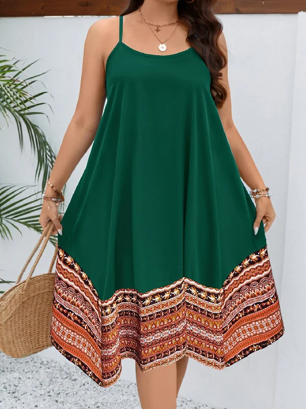 Stylish party dresses for women -Plus Size Printed Round Neck Cami Dress