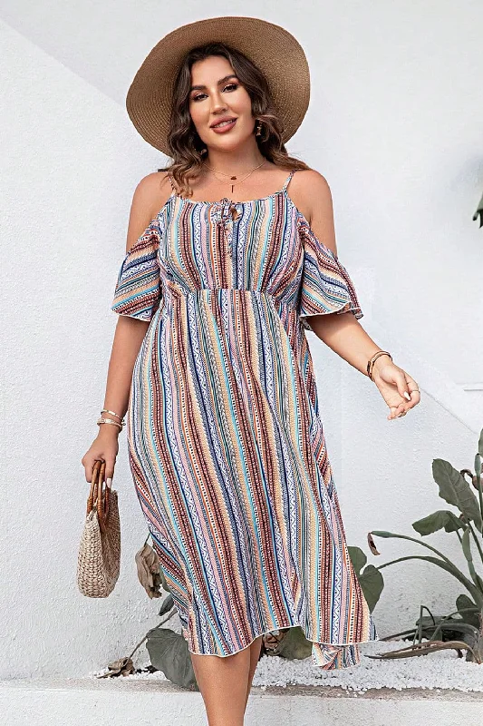 Casual dresses for work -Plus Size Striped Cold-Shoulder Dress