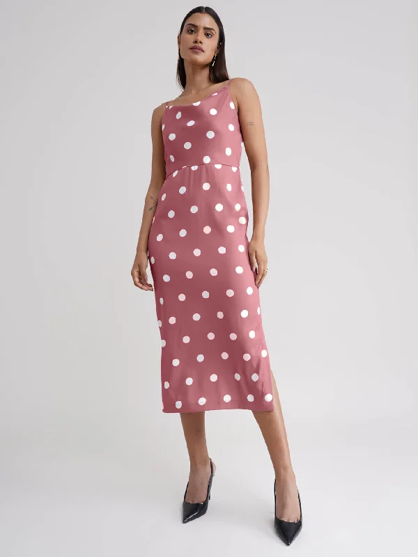 Wedding reception maxi dresses -Polka Dot Cowl Neck Dress - Dusty Pink