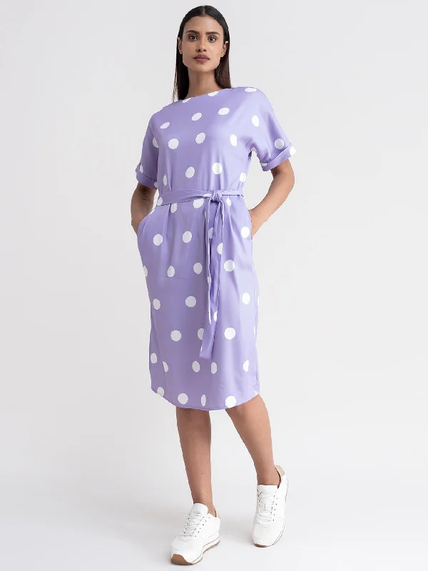 A-line casual dresses -Polka Dot Shift Dress - Lilac