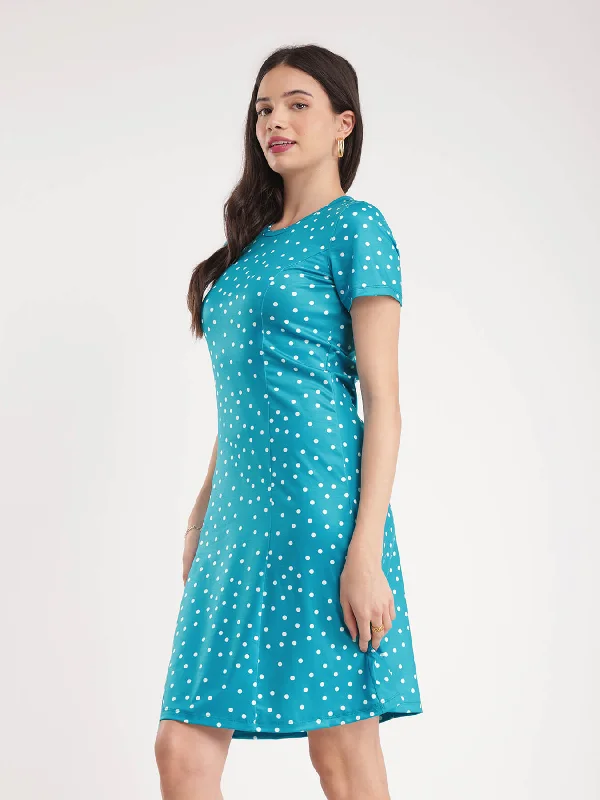 Dresses with gathered skirts -Polka Knitted Dress - Teal