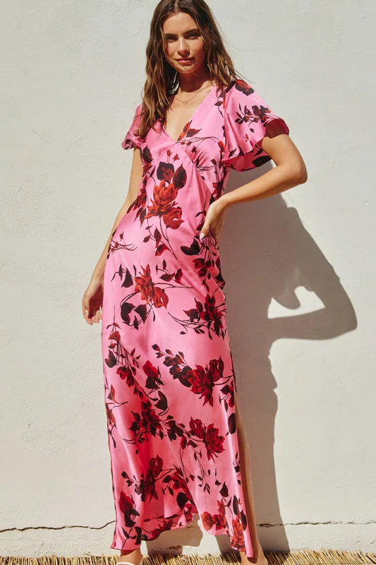 A-line dresses with floral accents -Potential Heartache Flutter Sleeve Maxi Dress