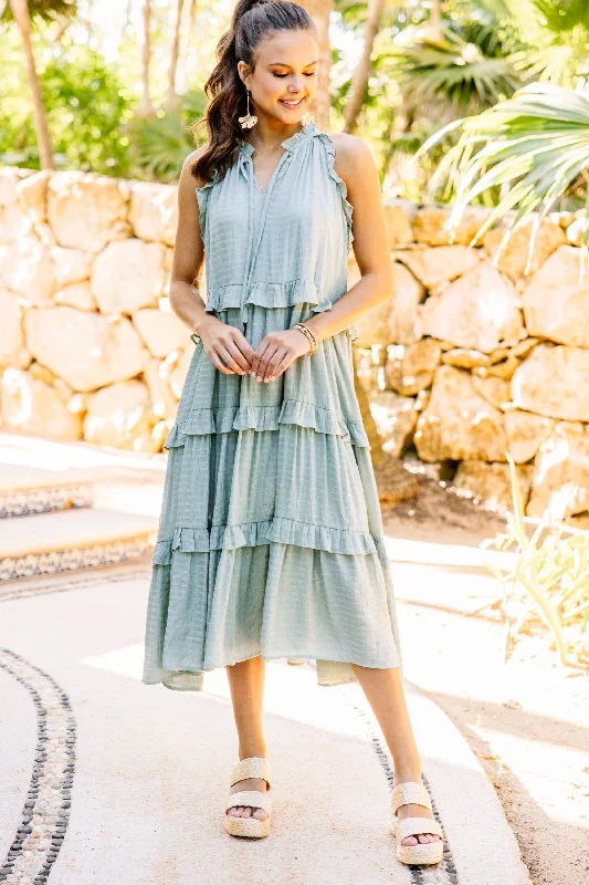 Dresses for fall weddings -Pursue Perfection Sage Green Ruffled Midi Dress