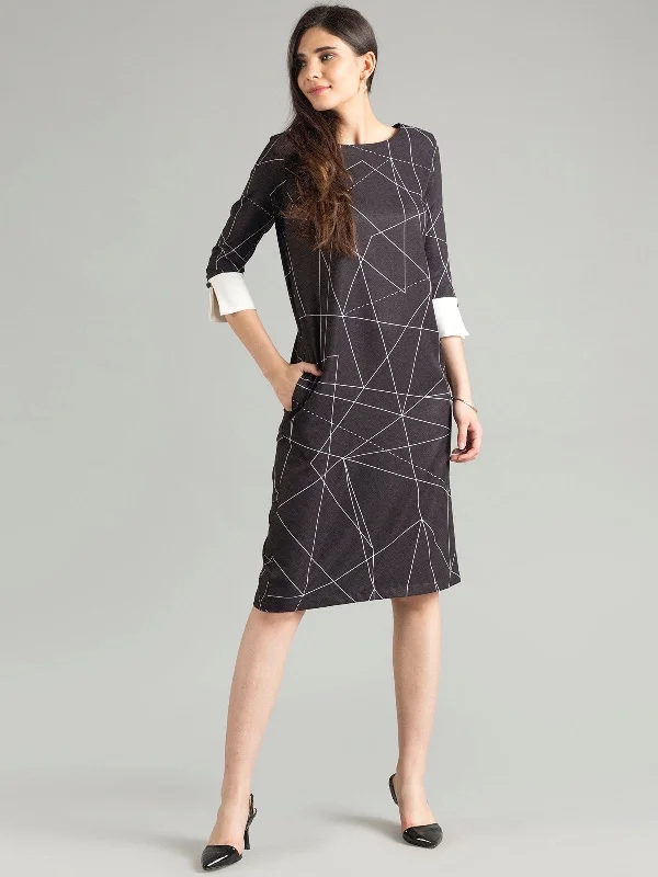 Elegant formal dresses -Quarter Sleeve Geometric Print Shift Dress - Black & White