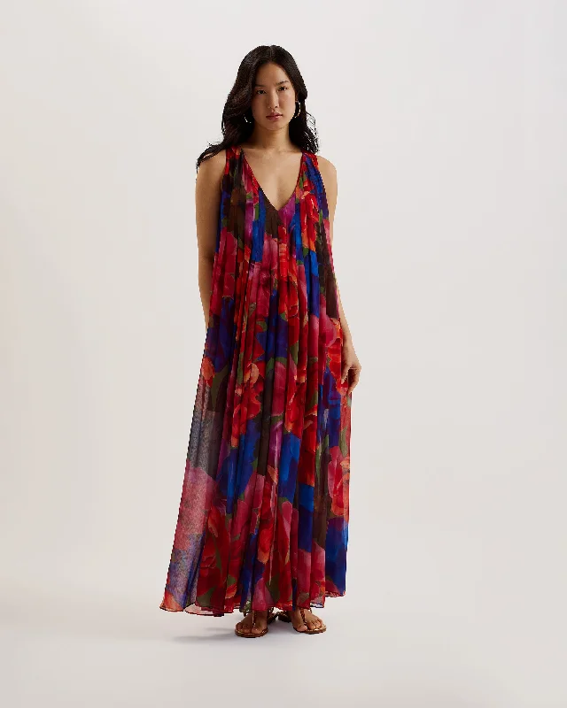 Dresses with high-low hemlines -Rabiusa Organza Tropical Bloom V Neck Maxi Dress Multicolor